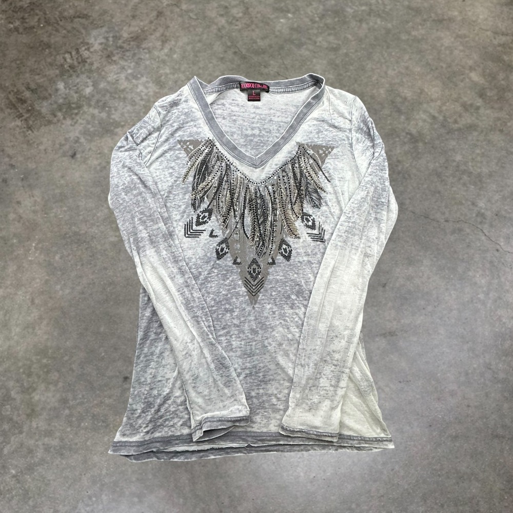 Rock & Roll Cowgirl Womens Large Grey Burnout Rhinestone Graphic Long Sleeve Tee